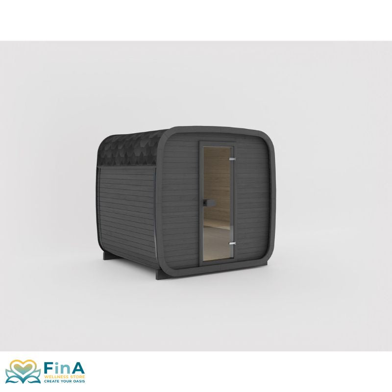 Celsium Ula small outdoor sauna in black with glass front and rounded design - compact premium garden sauna for two Persons